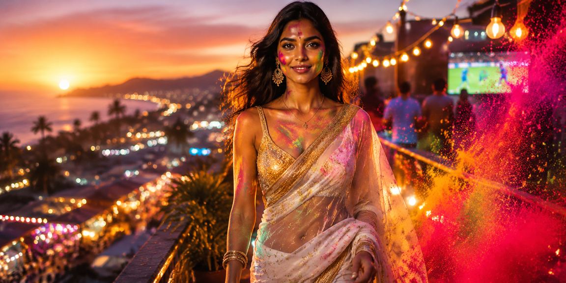 Goa beach scene with cricket betting enthusiast in traditional saree