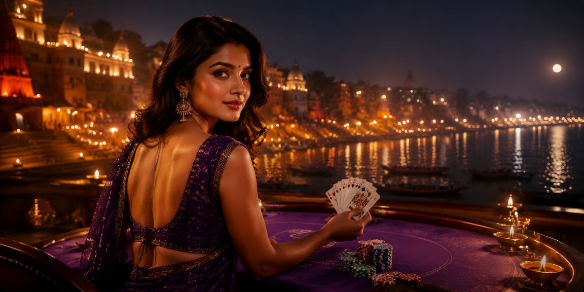 Traditional Indian scene at Varanasi Ghat with online gaming theme